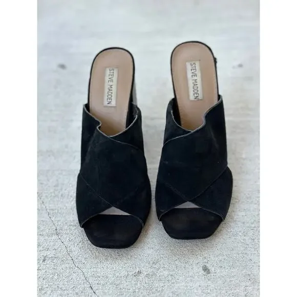 Steve Madden Women’s 9M Kristal Black Leather Suede Slip On Sandals Chunky Heels - Picture 2 of 8